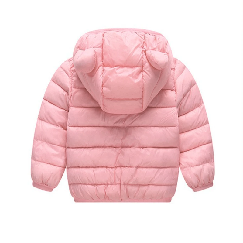 Padded waterproof kids' jacket, down-style look with a fun cartoon print for warmth on rainy days.