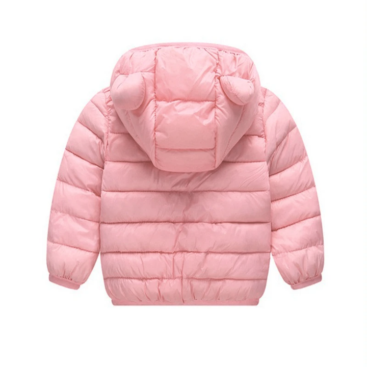 Padded waterproof kids' jacket, down-style look with a fun cartoon print for warmth on rainy days.
