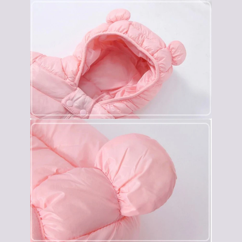 Children's warm waterproof raincoat, down-style with a cheerful cartoon design for outdoor fun.