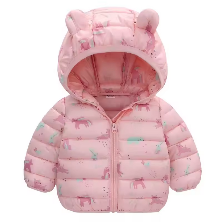 Warm waterproof kids' rain jacket for autumn outdoor adventures, featuring a playful cartoon design.