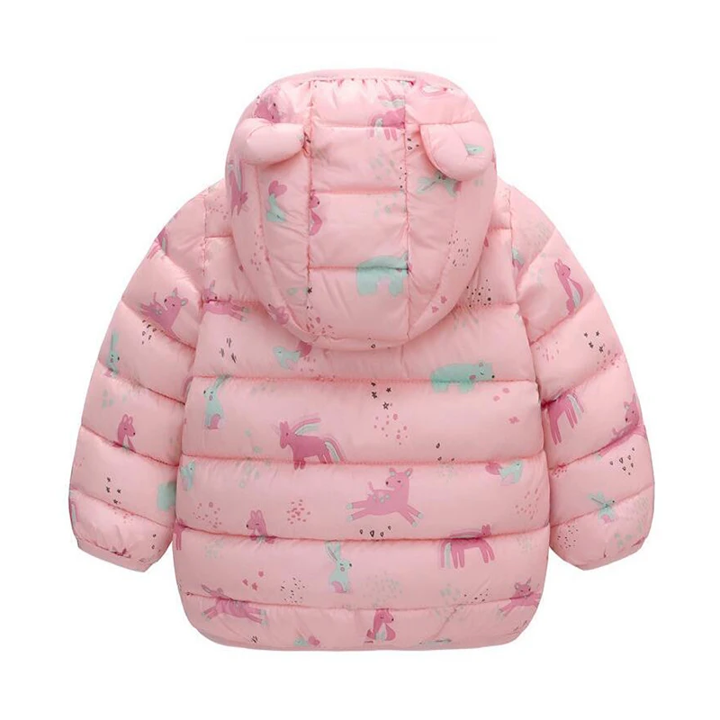 Toddler's waterproof down-style raincoat with cute cartoon, ideal for puddle jumping & playground fun.