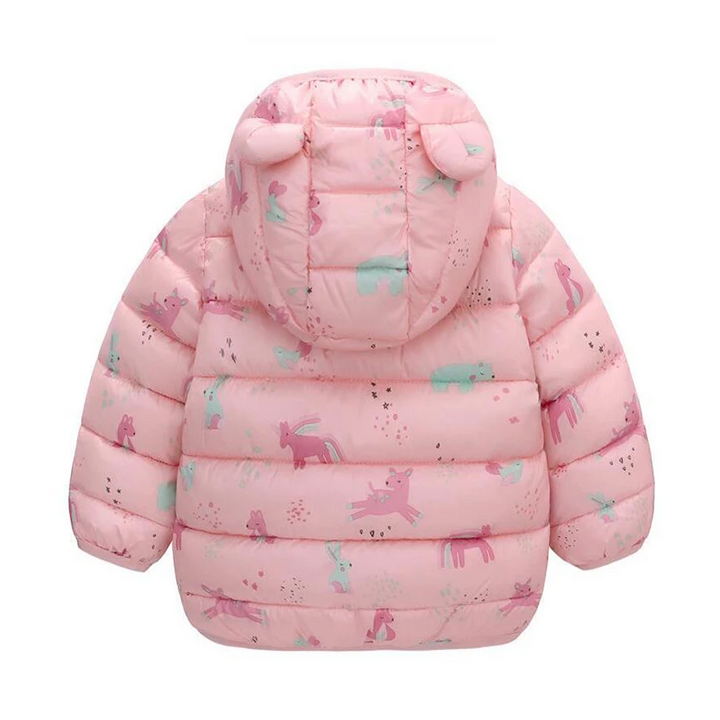 Toddler's waterproof down-style raincoat with cute cartoon, ideal for puddle jumping & playground fun.