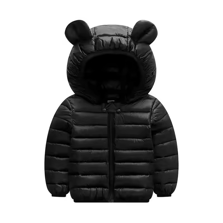 Kids' waterproof rain jacket, warm down-style with charming cartoon, ensures comfort for autumn play.