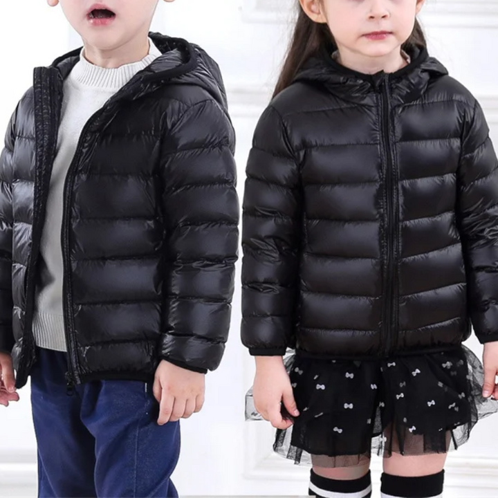 Youth waterproof cartoon rain jacket, down-style for warmth, great for outdoor autumn adventures.