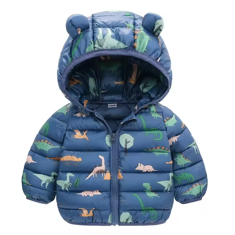 Durable waterproof children's jacket, down-style warmth, with a unique cartoon design for rainy days.