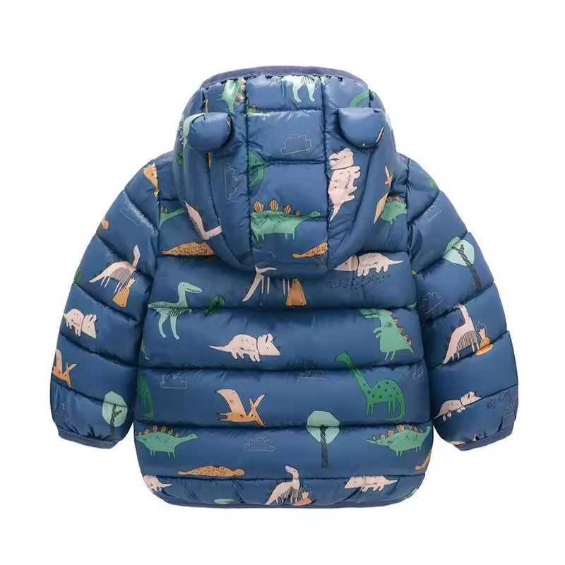 Cartoon waterproof rain jacket for kids, down-style, perfect playground gear for wet autumn weather.