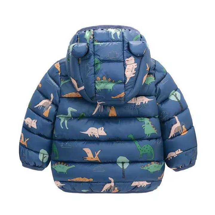 Cartoon waterproof rain jacket for kids, down-style, perfect playground gear for wet autumn weather.
