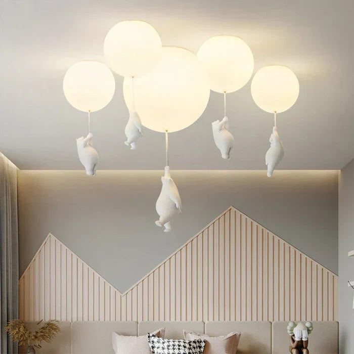 Modern LED pendant lamp featuring a whimsical bear and balloon, warm white light for nursery lighting.