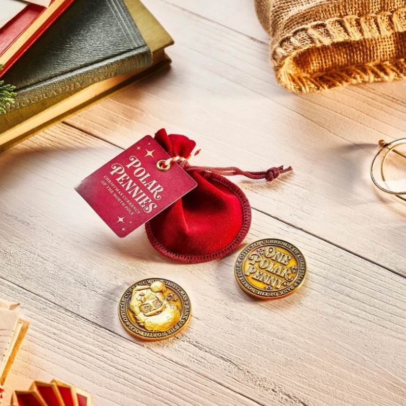 Christmas Collectible Polar Pennies and velvet pouch, perfect holiday keepsake gift