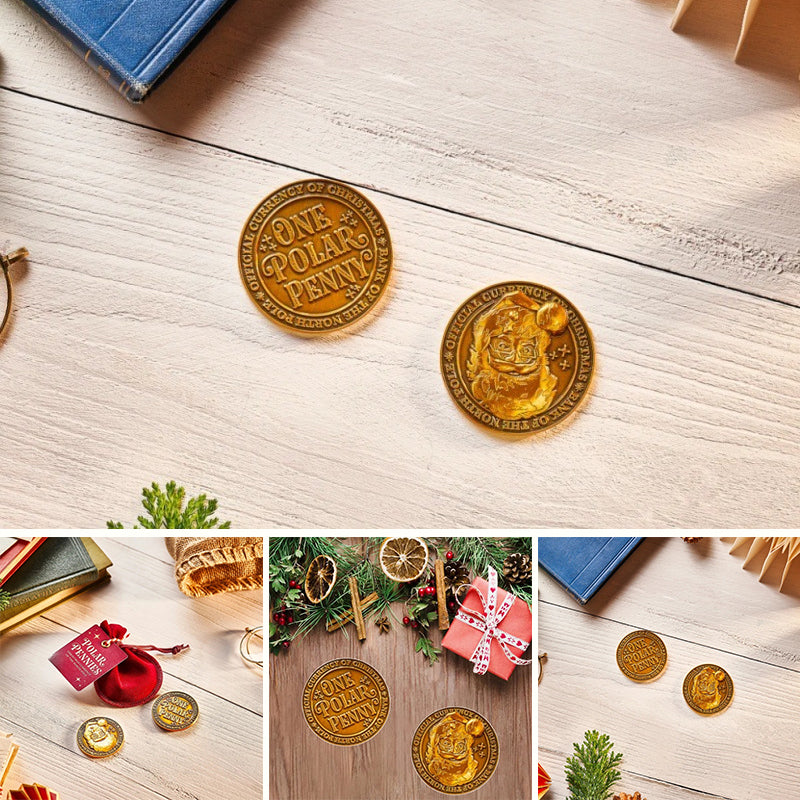 Holiday decorated Polar Pennies in a velvet pouch, excellent Christmas collectible and decor item