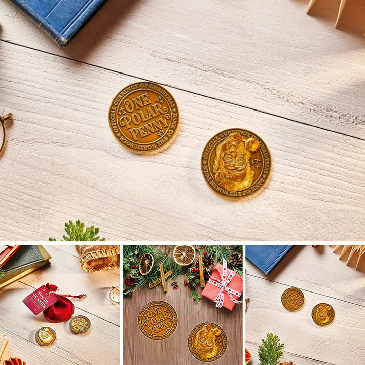 Holiday decorated Polar Pennies in a velvet pouch, excellent Christmas collectible and decor item