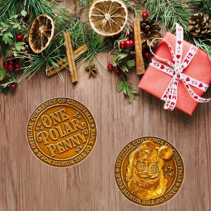 Holiday collectible Polar Pennies with a velvet gift pouch, ideal Christmas keepsake present