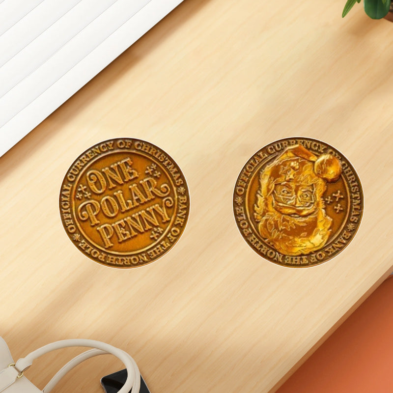 Elegant velvet pouch holding commemorative Polar Pennies, a treasured Christmas collectible