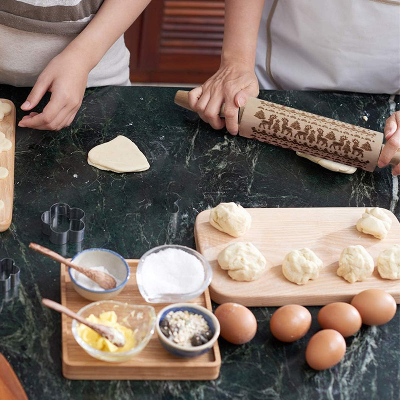 Baking rolling pin with detailed Christmas designs, adds holiday cheer to your kitchen.