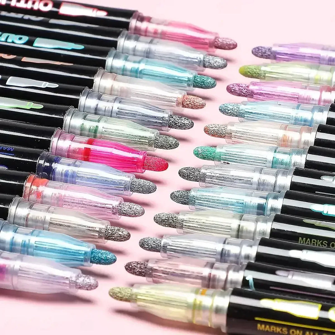 Chromara Metallic Outline Art Pens, dual line shimmer markers for creative drawing and DIY crafts.