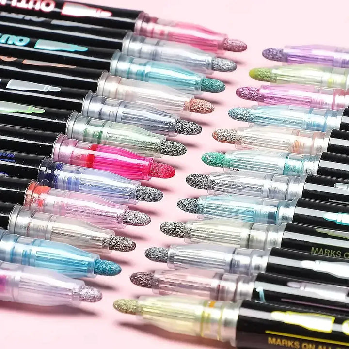 Chromara Metallic Outline Art Pens, dual line shimmer markers for creative drawing and DIY crafts.