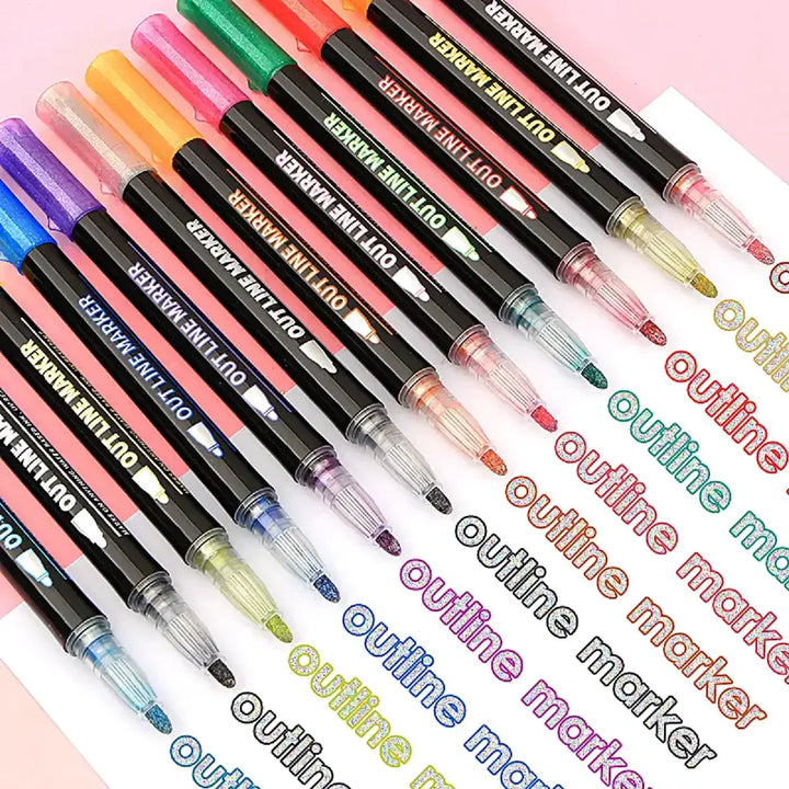 Shimmering metallic outline art pens creating unique dual lines, perfect for journaling and crafts.