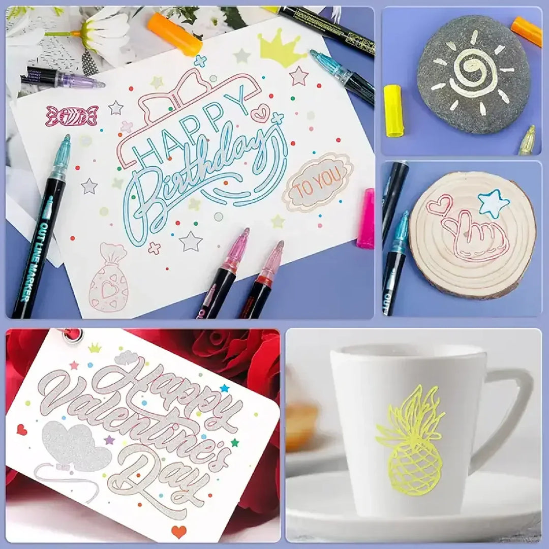 Set of metallic outline art pens, dual line shimmer markers for dazzling effects in art & craft projects.
