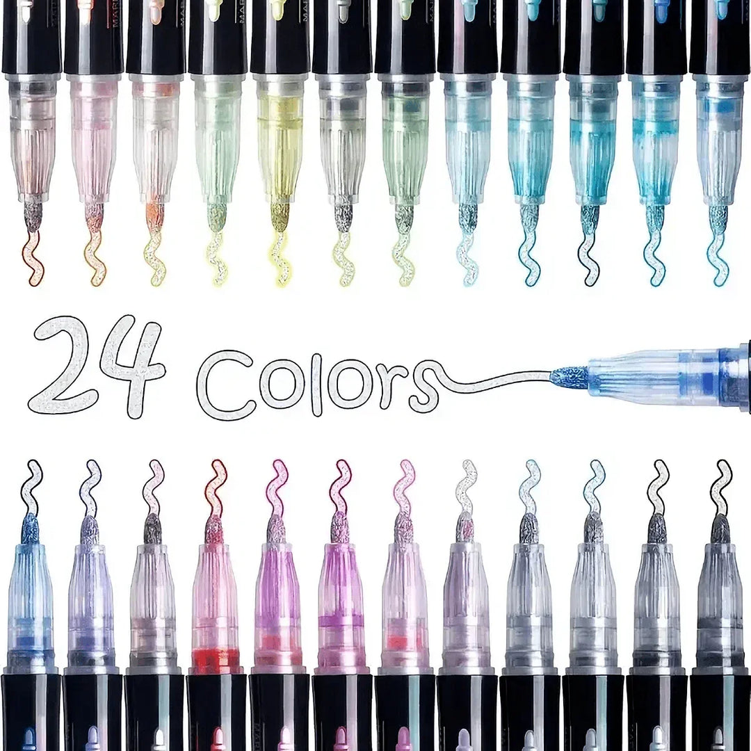 Chromara dual line metallic outline pens, versatile shimmer markers for intricate drawing and creative journaling.