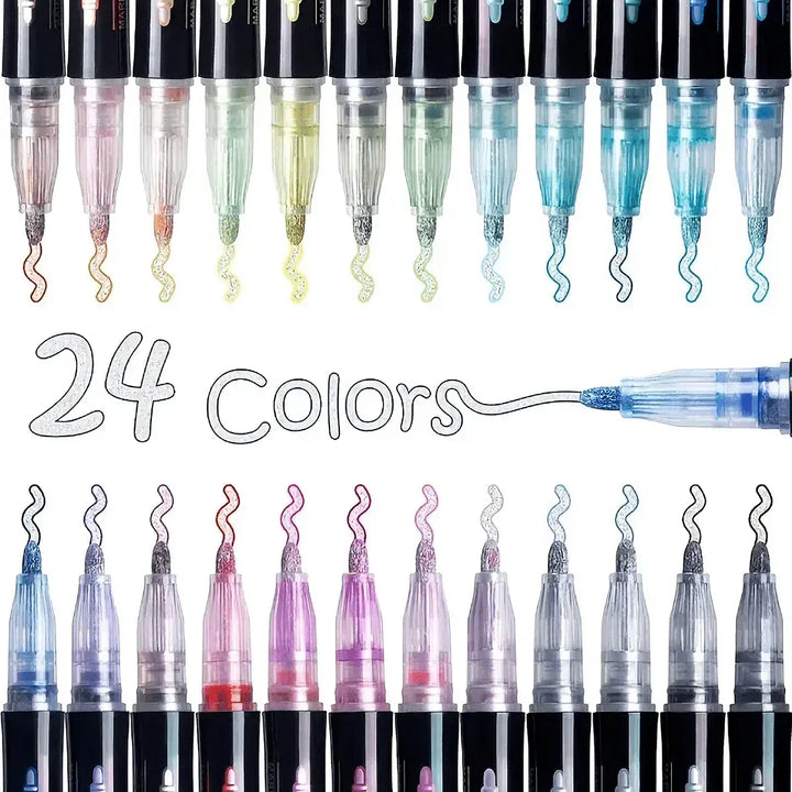 Chromara dual line metallic outline pens, versatile shimmer markers for intricate drawing and creative journaling.