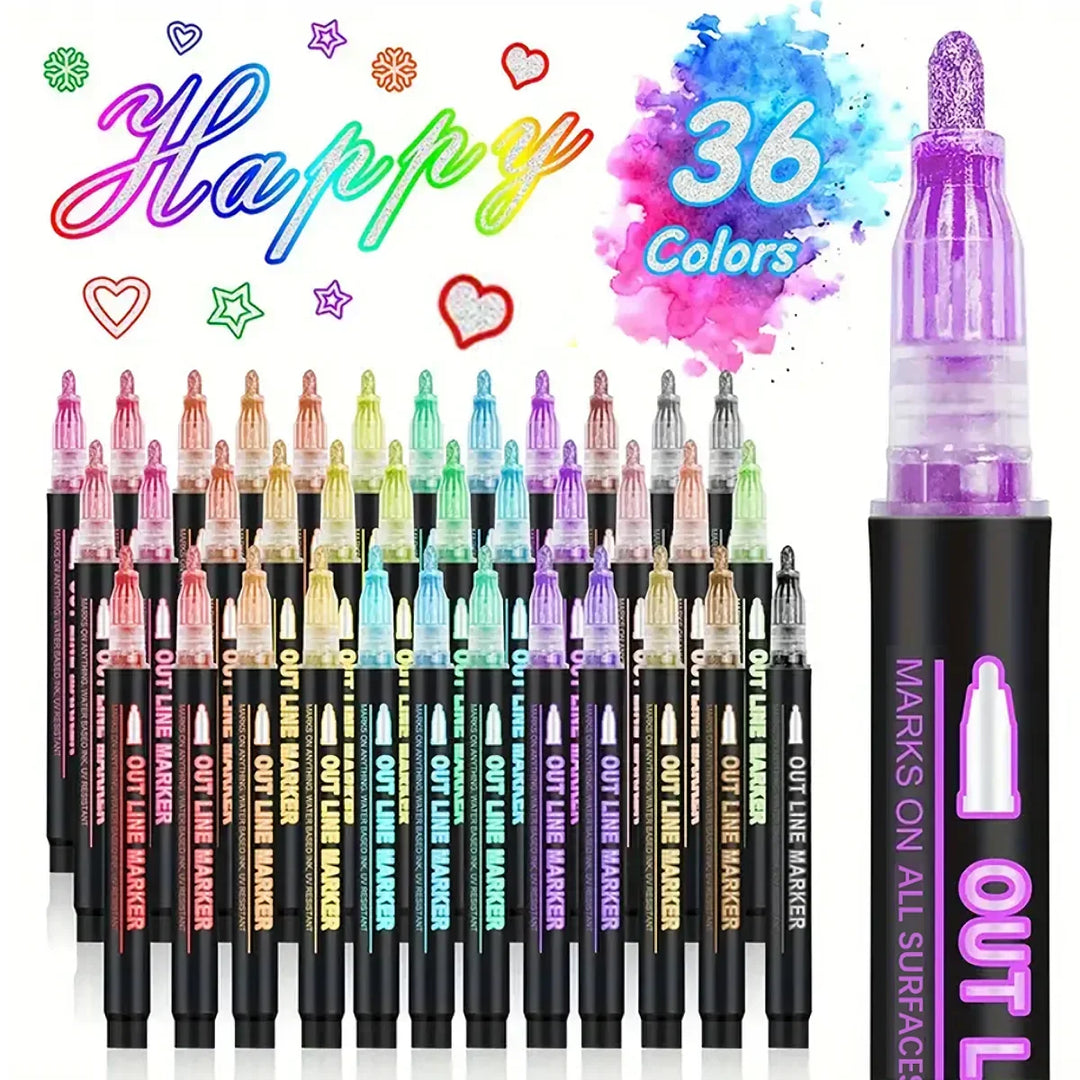 Unique dual line metallic shimmer art pens, perfect for adding glittering outlines to drawings and crafts.