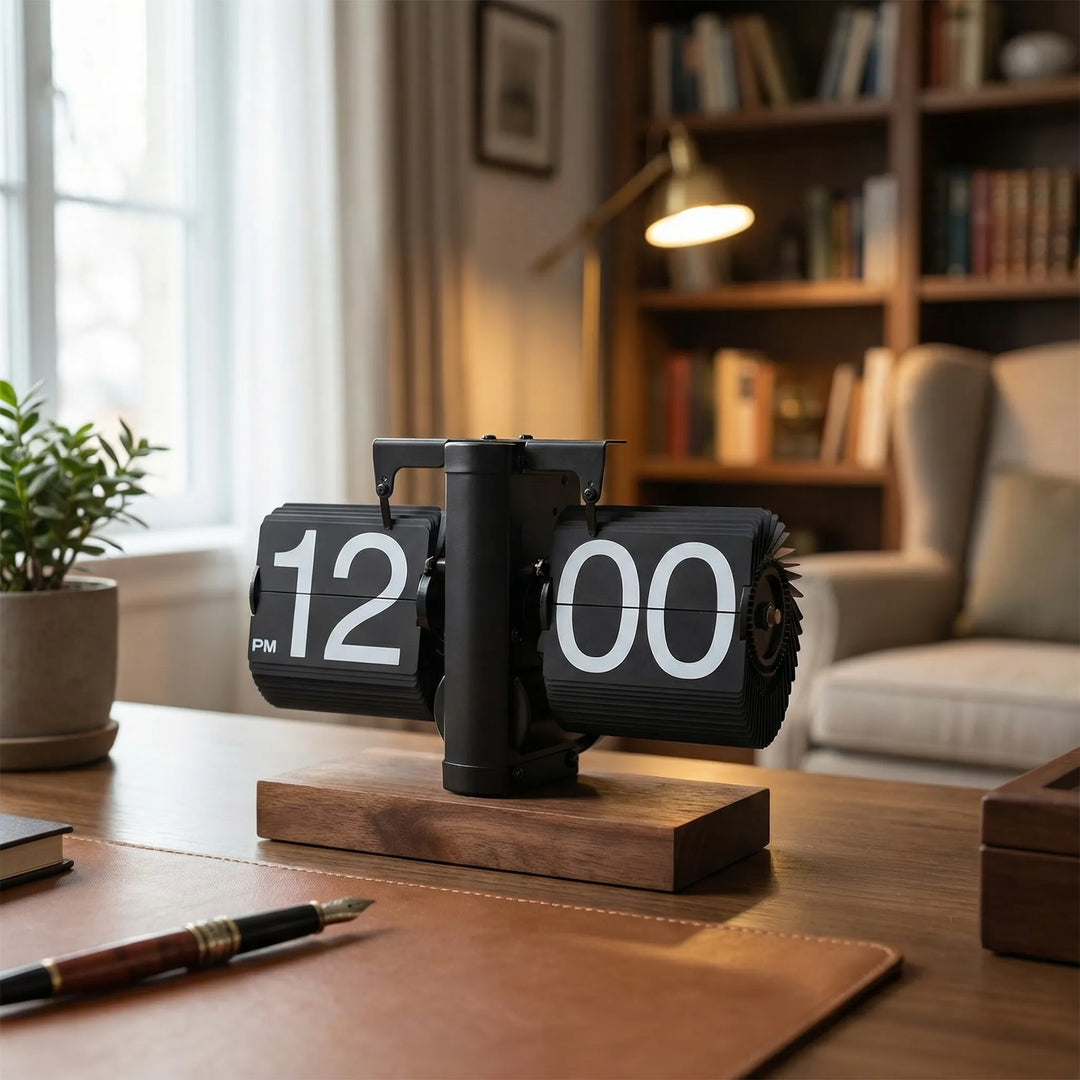 Classic black flip desk clock, retro style, perfect for home office or tabletop decor.
