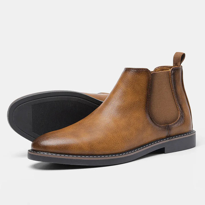 Men's sophisticated Chelsea boots in dark brown, versatile ankle footwear for casual and dressy.