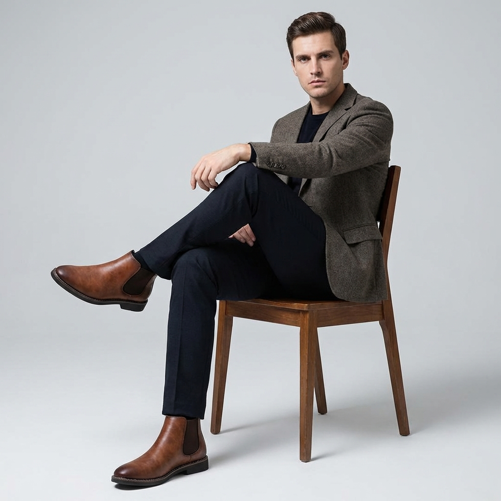Stylish brown suede men's Chelsea boots, comfortable ankle design, perfect for everyday wear.