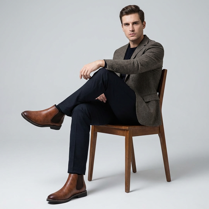 Stylish brown suede men's Chelsea boots, comfortable ankle design, perfect for everyday wear.