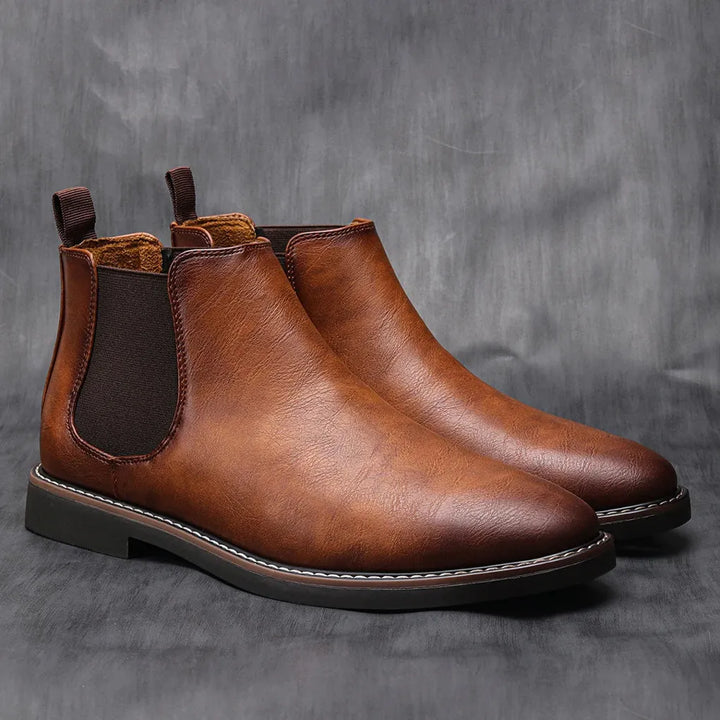 Men's dark brown leather Chelsea boots, elastic side panels for easy on/off, smart casual.