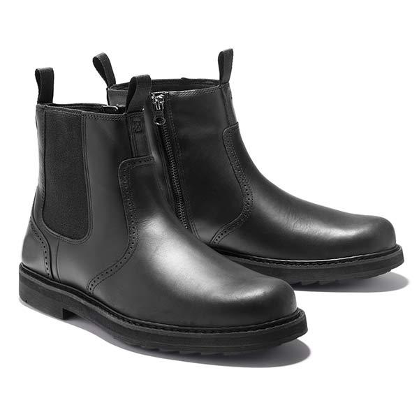 Men's timeless black Chelsea boots, classic style dress footwear, comfortable elastic inset design.