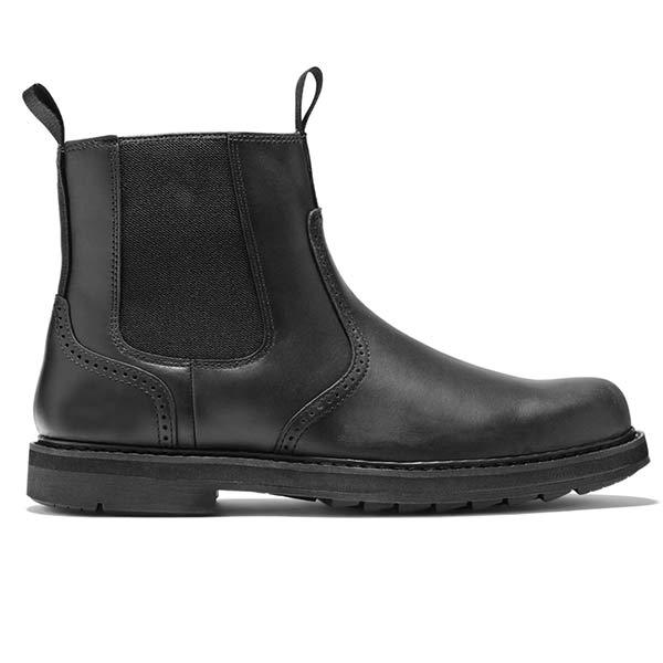 Stylish men's black Chelsea boots, faux leather upper, elastic side panels, perfect for casual or formal.
