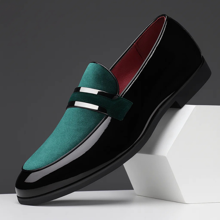 Navy blue classic men's penny loafers, comfortable slip-on dress shoes for versatile everyday and office wear.