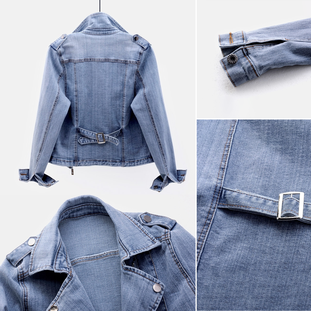 Close-up of a women's classic blue denim jacket, button detailing visible. Versatile all-season outerwear.