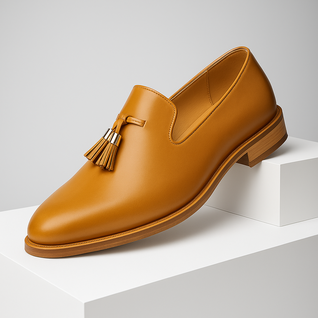 Classic brown leather men's tassel loafers, perfect for dress or casual wear.