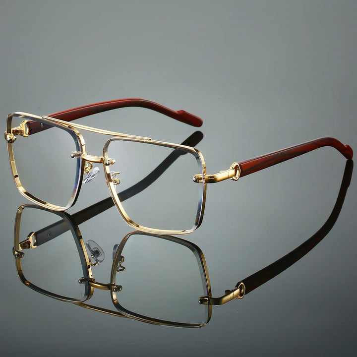 Unisex aviator sunglasses on a model, showcasing gold frames and chic woodgrain temple design.