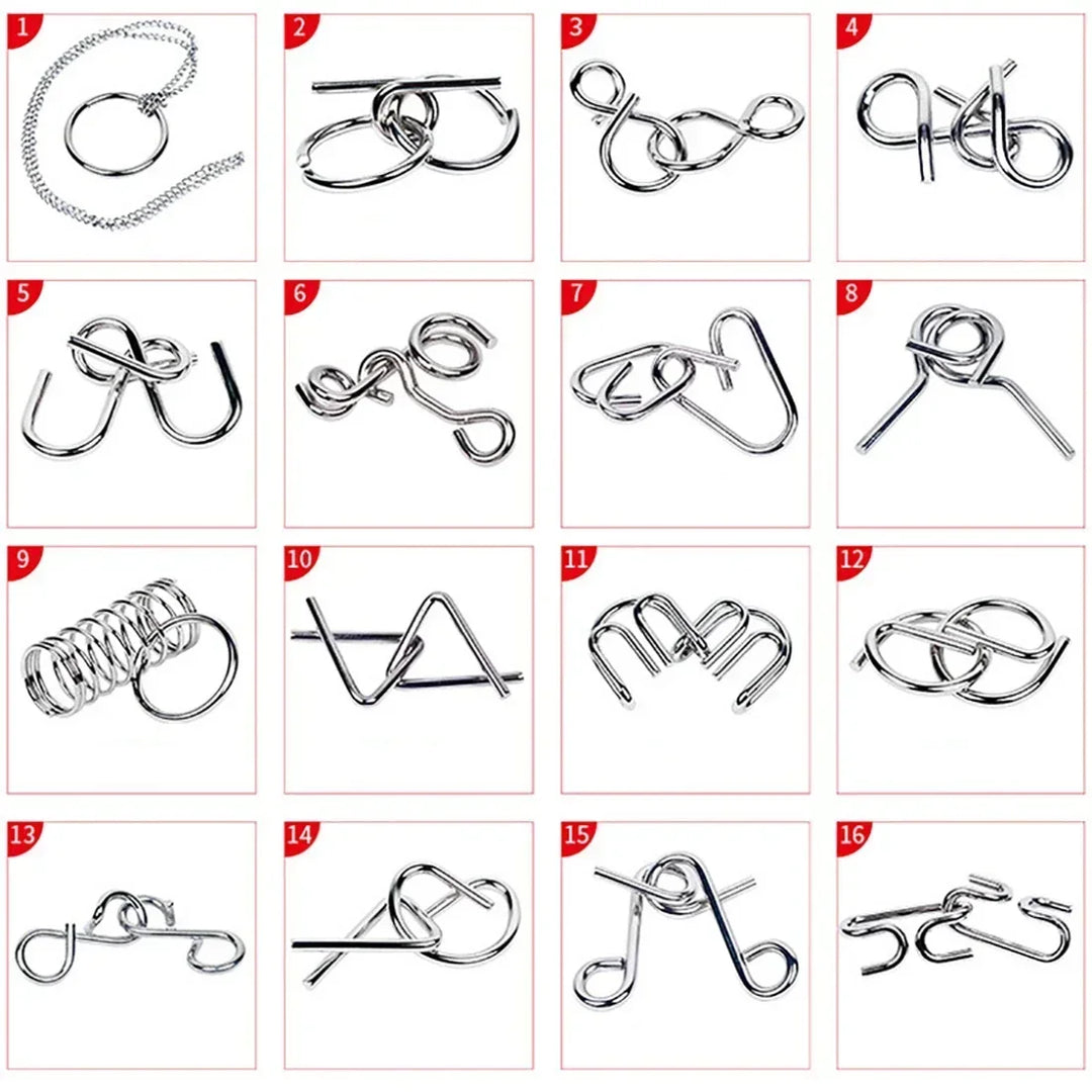 Close-up of a complex interlocking metal puzzle. A brain-boosting mind challenge & stress relief toy.