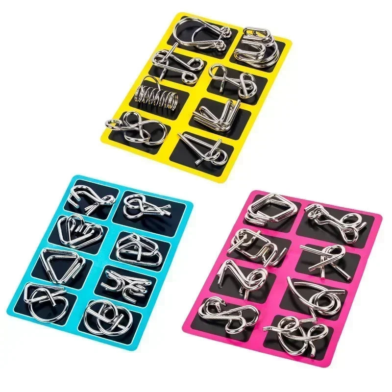 Collection of various metal brain teaser puzzles. Perfect gift for logic game enthusiasts & puzzle lovers.