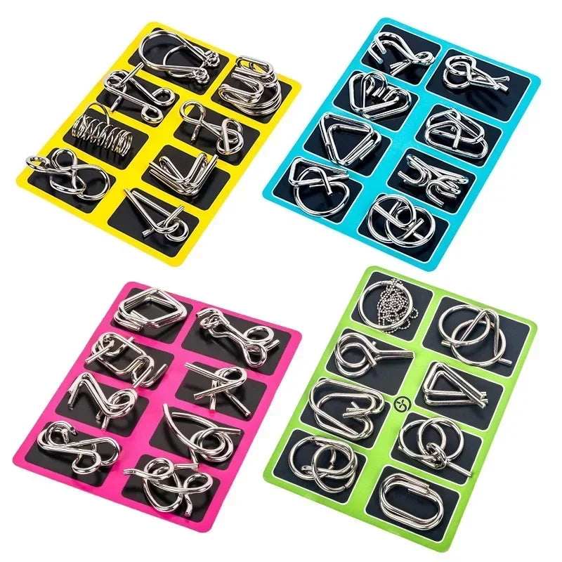 Hand holding a solved metal interlocking brain teaser. Engaging adult puzzle for cognitive development.
