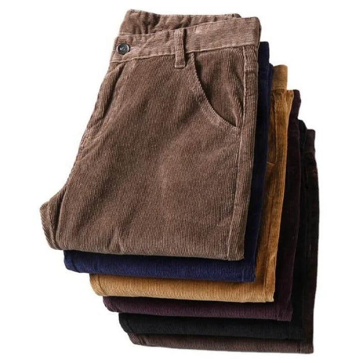Elegant men's straight-cut cord pants, combining timeless design with durable comfort for all seasons.