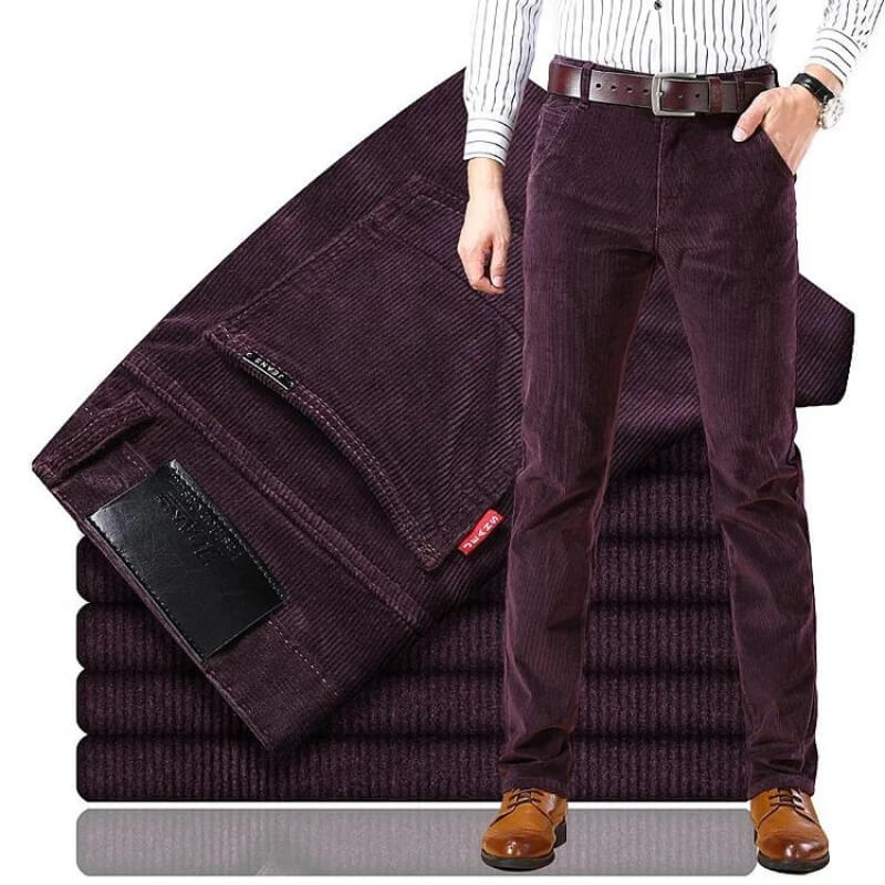 Close-up of the rich texture of men's classic corduroy pants, highlighting quality and durability.