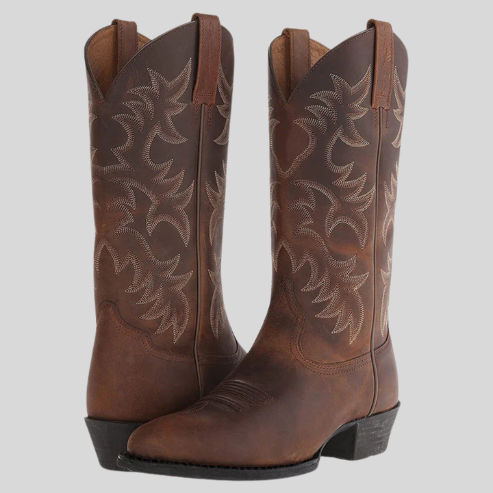 Stylish men's western boots, durable leather-look cowboy boots. Perfect rugged footwear for casual or outdoor wear.