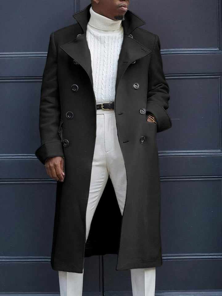 Warm men's long double-breasted coat, versatile for both formal and casual winter fashion.