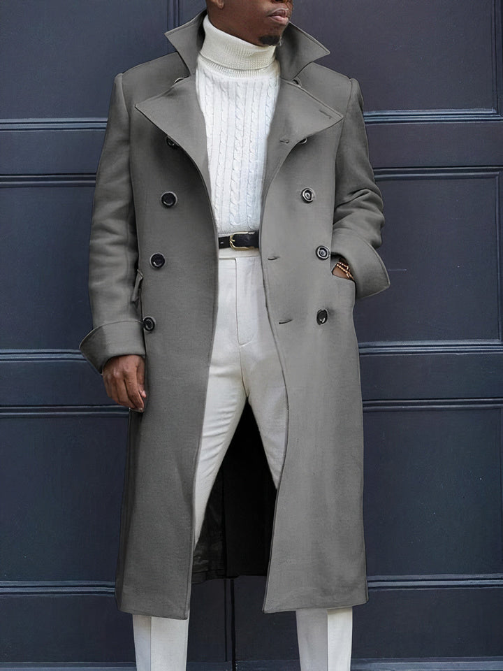 Stylish men's double-breasted long coat with classic design, ideal for modern winter fashion.