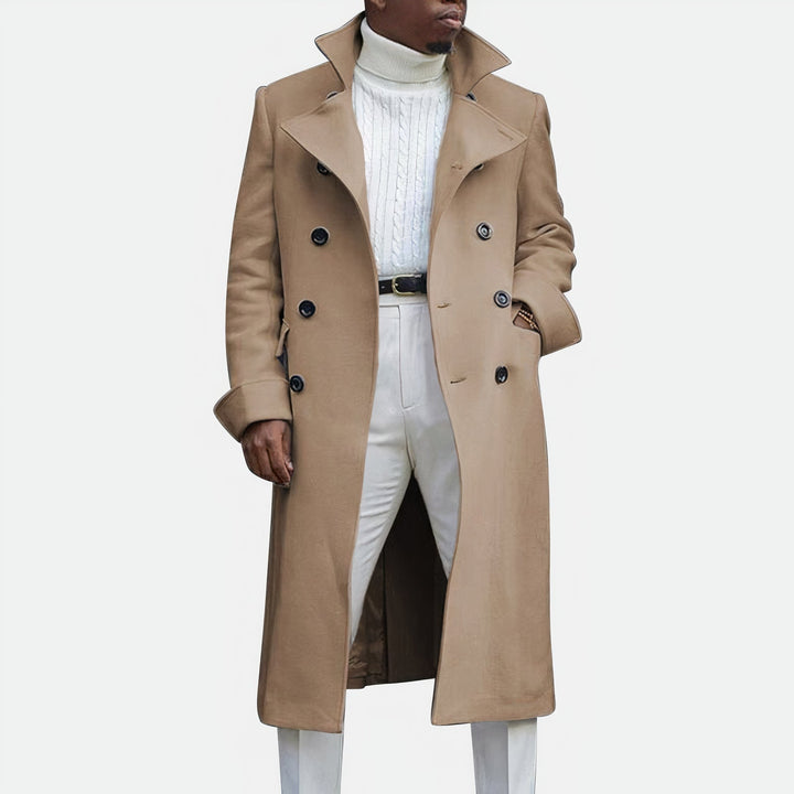 Elegant men's warm double-breasted winter coat, perfect for a smart, classic fall fashion look.