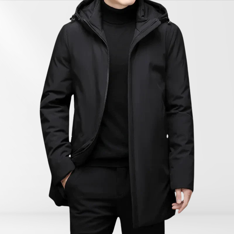 Classic men's hooded winter jacket, warm & lightweight, ideal for cold weather protection.