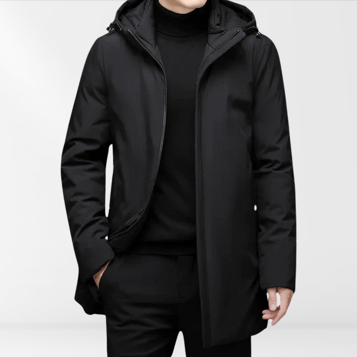 Classic men's hooded winter jacket, warm & lightweight, ideal for cold weather protection.