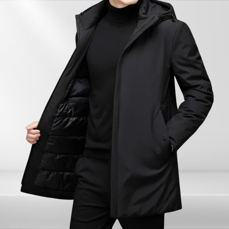 Lightweight men's hooded winter jacket in classic style, perfect for travel & cold weather protection.