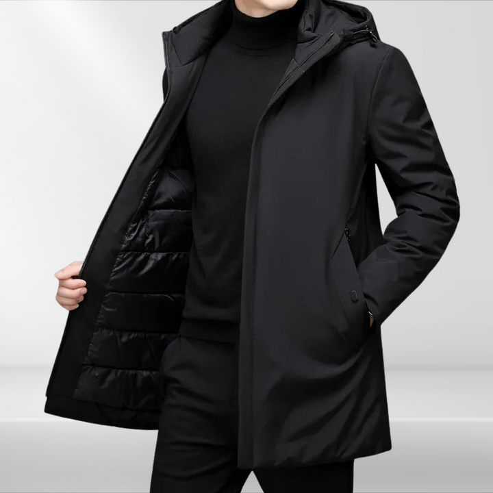 Lightweight men's hooded winter jacket in classic style, perfect for travel & cold weather protection.