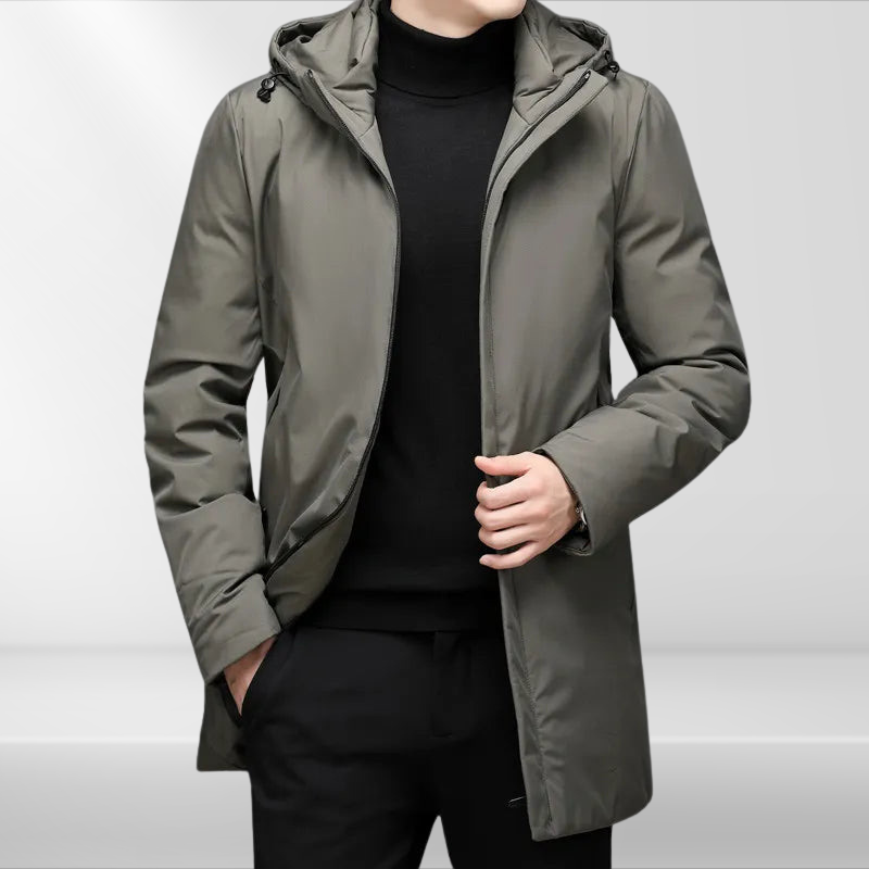 Detail of the classic men's hooded winter jacket, highlighting warm duck down filling & durable design.
